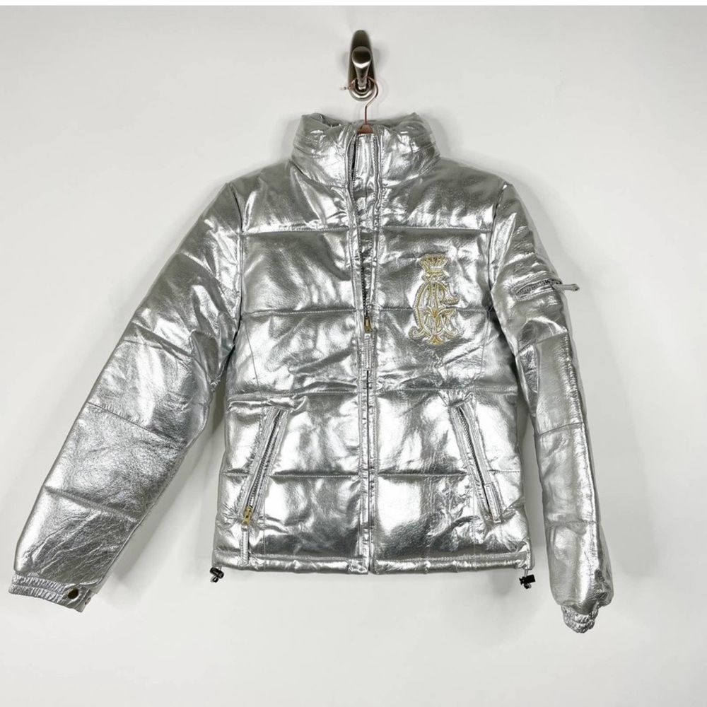 Christian Audigier Embroidered Foiled Flocked Hooded Leather Puffer Jacket #4985